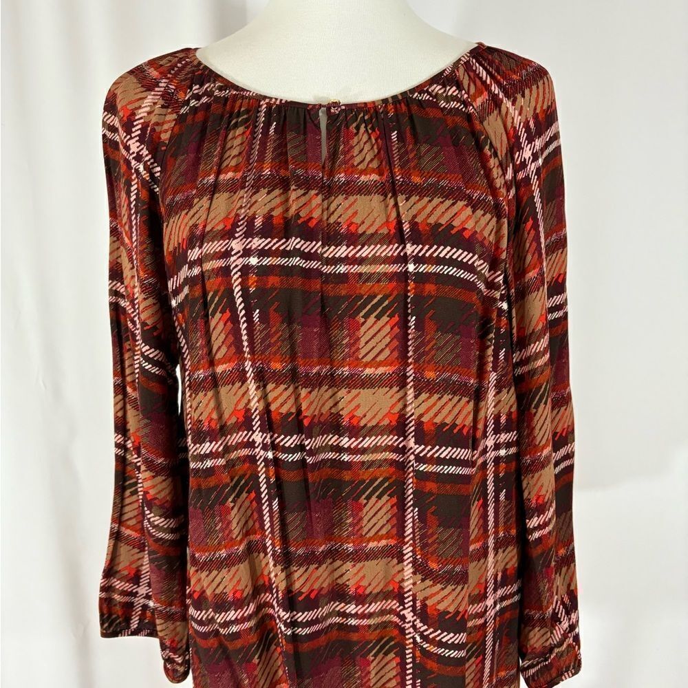 NWOT Talbots Brown/Orange Plaid Long Sleeve Top - Picture 2 of 6
